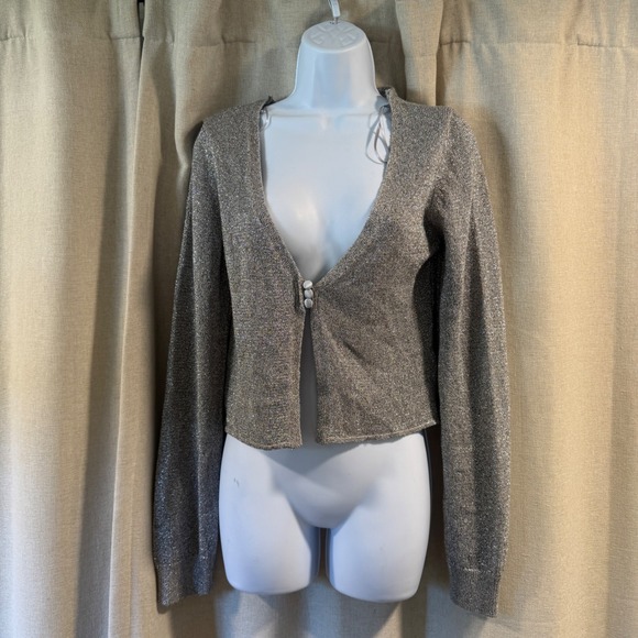 Free People Cardigan Top Emmaline Crop Silver Grey Shimmer Fine Knit Size S - Picture 1 of 6
